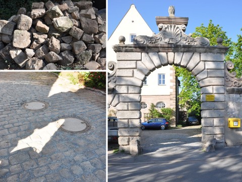 Wiederherstellen von alten Pflastersteinen in historischem Umfeld nach Kanalaufgrabung